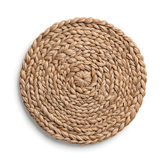 Round woven rattan placemat with a spiral pattern the placemat is a light brown color isolated on white