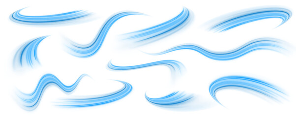 Transparent blue sparkling light line element.	Digital image of light rays. Blue neon lines on white transparent background in PNG format.	