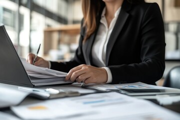 Fototapeta premium Professional Businesswoman in Tailored Suit Organizing Financial Documents at Office Desk for Strategic Meeting Preparation