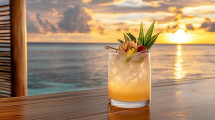 Sunset bar under coconut trees with tropical cocktails. Refreshing cocktail at sunset by the ocean.