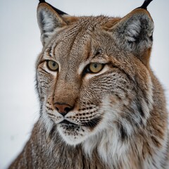 Obraz premium A lynx with an intense stare, ears forward, set against a pristine white background.