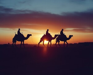 Silhouetted Three Wise Travelers on Camels Against a Dusk Desert Horizon - A Festive Journey to Bethlehem