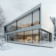 Modern minimalist house with large glass windows nestled in a snowy landscape