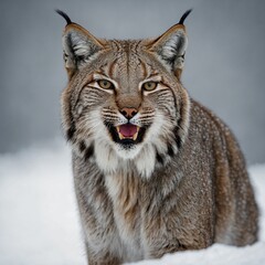 Obraz premium A lynx standing with its mouth slightly open, showing its sharp teeth against a white backdrop.