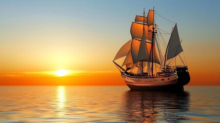 Obraz premium Sailing ship sunset ocean calm travel adventure