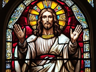 Vibrant Stained Glass Window Depicting Jesus Christ in Worship Posture, Perfect for Easter and Religious Reflection