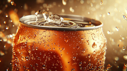 A chilled can of cola being opened, fizzing bubbles