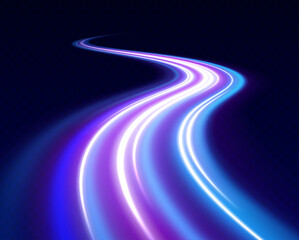 Light motion trails. High speed effect motion blur night lights in blue and red colors, abstract flash perspective road glow streaks long time exposure vector set on transparent background.