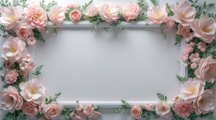 Elegant pastel pink blossoms framing a clean white tray to create a soft peaceful home decor centerpiece for Copyspace and Text Background