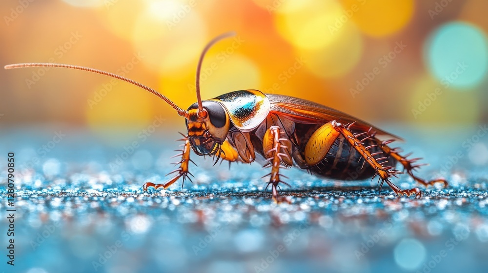 Poster close-up of a vibrant cockroach on a sparkling surface with colorful bokeh background