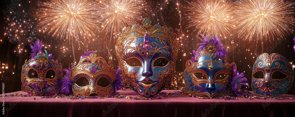 Poster a colorful display of ornate masks sits on a table, illuminated by vibrant fireworks in the backgrou