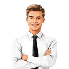 A modern vector art depiction of a smiling young man dressed in a white formal shirt and black tie, standing confidently with arms folded, transparent background, PNG
