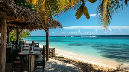 A beautiful beach restaurant with tables and chairs under palm trees overlooking a clear turquoise sea
