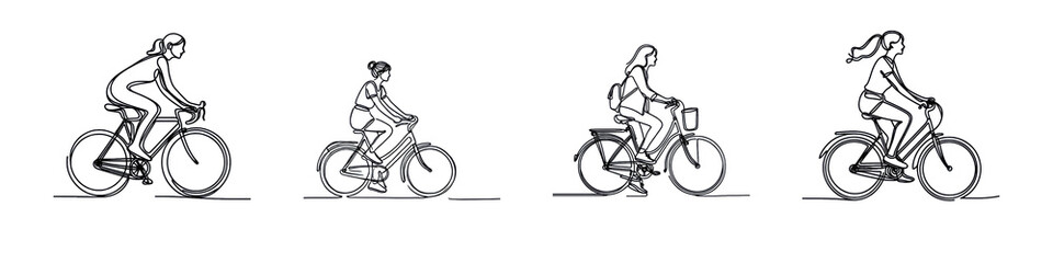 Fototapeta premium Set of image of Young woman riding a bicycle in a one-line drawing, isolated over on transparent white background