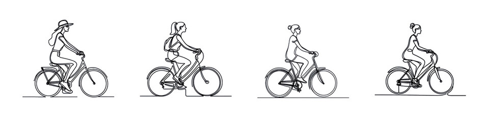 Fototapeta premium Set of image of Young woman riding a bicycle in a one-line drawing, isolated over on transparent white background