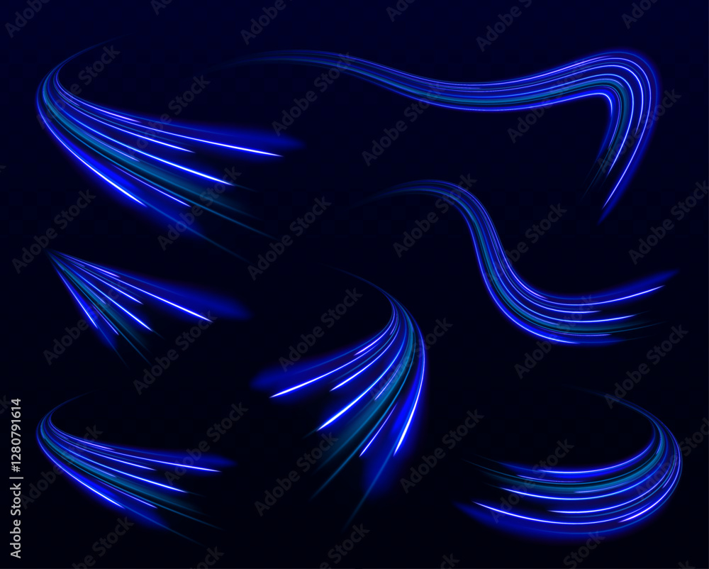 Poster set of neon speed lines on transparent background. abstract vector fire circles, sparkling swirls an