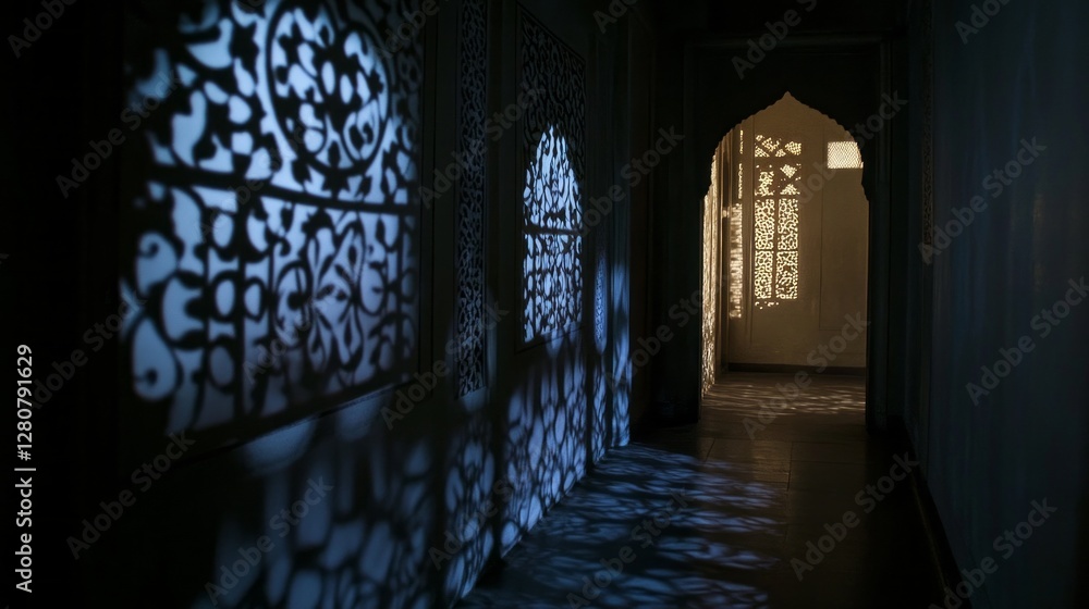 Poster intricate shadows play across the ancient walls as light filters through ornate jali screens. the my