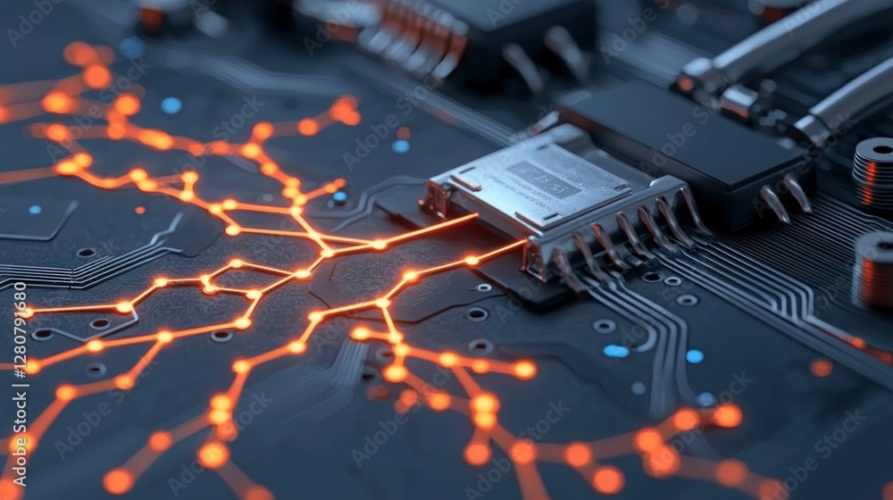 Poster high tech circuit board glowing nodes network technology innovation digital data f