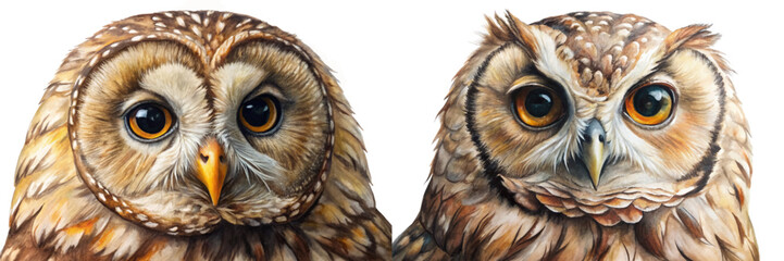 Realistic owl portraits, detailed feathers, vibrant eyes, wildlife illustration, nature art, educational purpose, animal lovers.