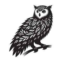 Snowy Owl bird Silhouette Vector Illustration, Solid White Background.