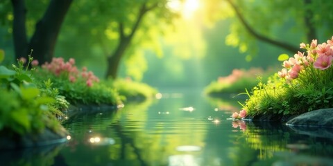 Fototapeta premium Serene stream reflecting sunlight, edged with lush greenery and delicate pink blossoms, creating a tranquil natural scene