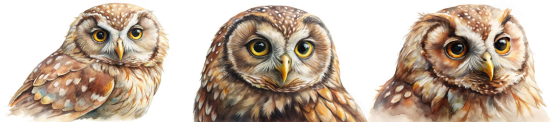 Realistic owl portraits, detailed feathers, vibrant colors, wildlife illustration, nature art, animal studies.