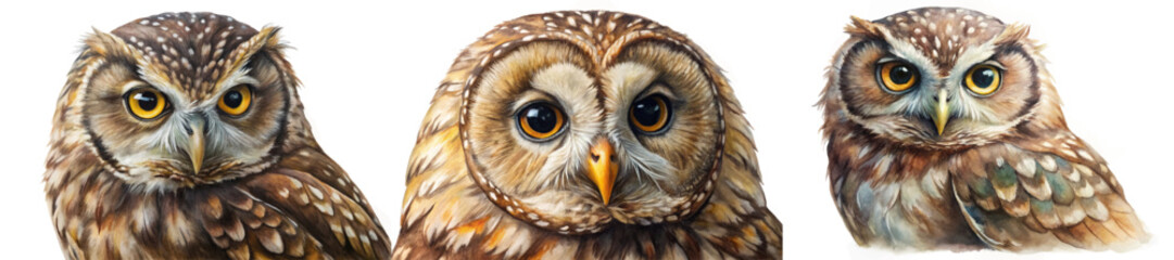 Realistic owl portraits, detailed feathers, vibrant eyes, wildlife art, nature illustration, animal lovers, artistic expression.