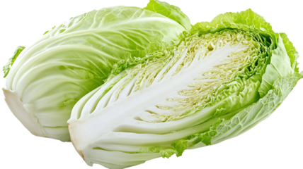 A Chinese cabbage cut in half, showing the texture of the inner leaves and crisp stalks, isolated on a transparent background
