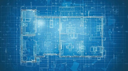 Fototapeta premium Architectural blueprint of a modern building design showcasing detailed floor plans and measurements with a blue background for construction professionals