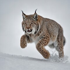 Fototapeta premium A lynx in mid-leap, captured in perfect detail against a pure white background.