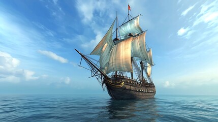 Sailing ship on calm ocean under a partly cloudy sky.  Possible use Stock photo for travel, history, or nautical themes