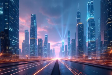 Fototapeta premium Futuristic City Night Scene with Modern Skyscrapers and Glowing Street Lights, Urban Metropolitan Architecture in Neon Blue Illumination with Dynamic Transportation Technology