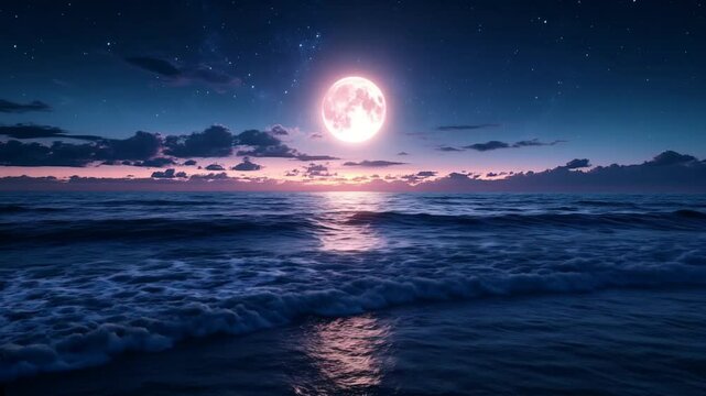 A large moon is reflected in the ocean water. The sky is dark and the water is calm