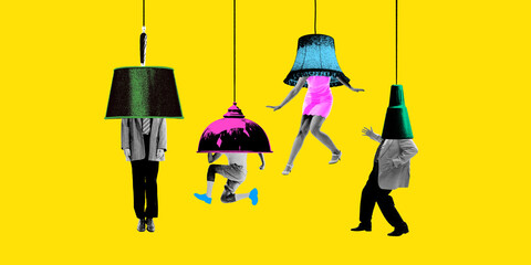 People with lampshades over their heads stand in various positions, symbolizing individual...