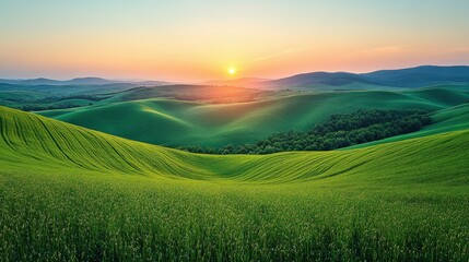 Obraz premium Serene sunset over rolling green hills with vibrant colors and soft light illuminating the landscape