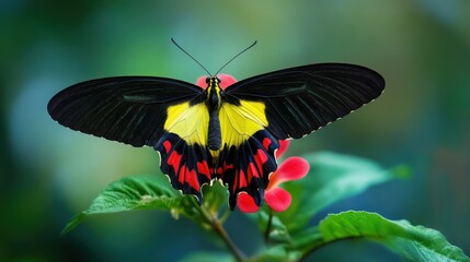 A vibrant black yellow and red butterfly perched on a pink flower with green leaves
