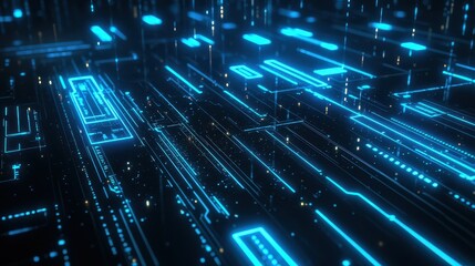 Futuristic Technology Background with Neon Blue Circuit Lines