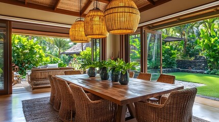Stylish indoor-outdoor dining area features wooden table, woven chairs, and a lush tropical garden view