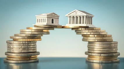 Stacks of gold and silver coins form a bridge between two miniature bank buildings, symbolizing financial connections, investments, and economic transactions.