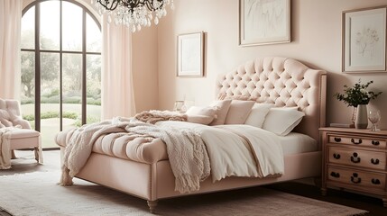 Fototapeta premium Elegant bedroom interior with tufted bed, chandelier, and garden view