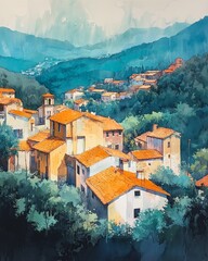 Ancient village on the mountain Watercolor painting