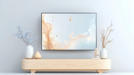 Modern Living Room Decor  Abstract Art  Light Wood  Calm Interior Design
