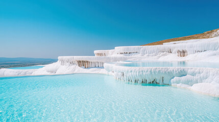 Captivating wide view of pamukkale thermal terraces and turquoise waters in turkey
