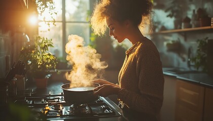 Woman cooking in a sunlit kitchen