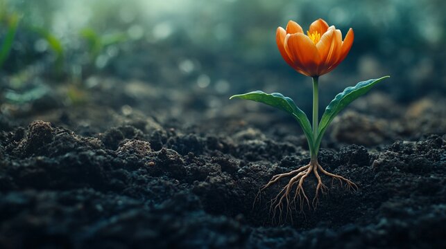 Flower seedling in the ground with roots, nature background.