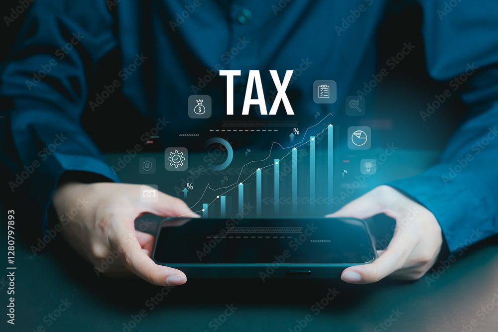 Poster hands holding smartphone with tax visualization and analytics graphics
