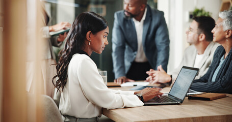 Office, business people and woman with laptop for typing, investment project and audit review....