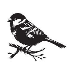 Sparrow bird Silhouette Vector Illustration, Solid White Background.