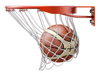 Basketball going into the basket hoop scene isolated on transparent background - 3d PNG illustration
