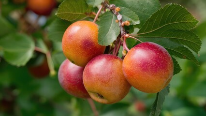 Obraz premium Juicy red and orange apples hanging from a green leafy branch, showcasing natural beauty in a bright sunny orchard. Vivid colors and fresh look.